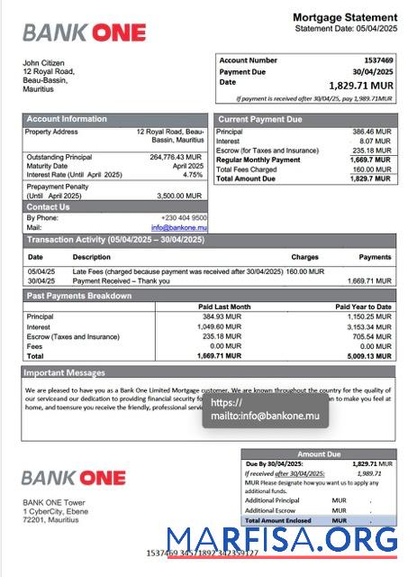 Realistic Mauritius Bank One Limited mortgage statement Word and PDF template